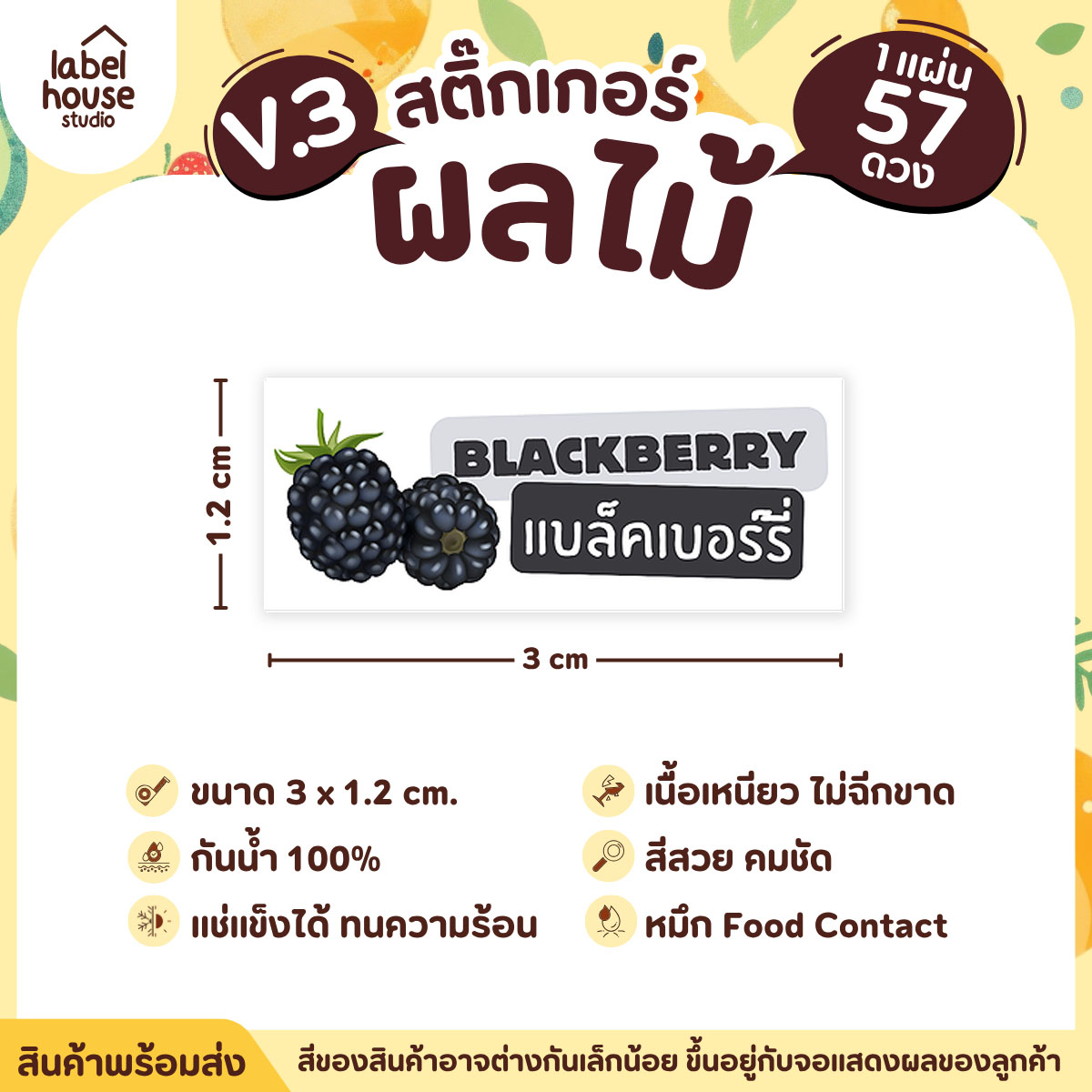 [ VER.3 ] สติ๊กเกอร์ผลไม้ ไส้ขนม รสชาติผลไม้ สไตล์มินิมอล ภาษาอังกฤษ-ภาษาไทย กันน้ำ 3 x 1.2 ซม. (57 ดวง/แผ่น) แบล็คเบอร์รี่